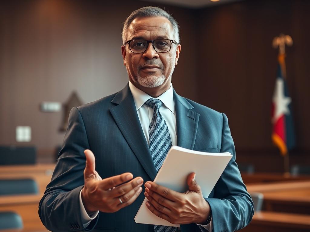 **AI Image Generation Prompt:**
Create a realistic high-resolution close-up shot featuring a professional attorney standing confidently in a Houston traffic court. The subject should be a middle-aged, African American male attorney dressed in a tailored navy blue suit, with a serious yet approachable expression. He should be holding a legal pad in one hand while gesturing with the other, symbolizing guidance and support.
The court background should be subtly blurred to emphasize the attorney, featuring el