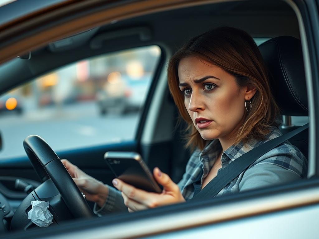 Create a realistic high-resolution photo that visually encapsulates the theme of the blog titled "Why That First Call After a Car Accident Should Be to a Lawyer, Not the Insurance Company." The composition should prominently feature a worried individual, a woman in her 30s, sitting in the driver’s seat of a parked car, holding her phone with a concerned expression on her face. The background should be a subtle blur of a city street, hinting at the aftermath of a car accident, but devoid of chaotic elements 