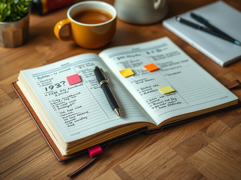 A high-resolution close-up shot of an elegant daily planner spread open on a wooden desk, showcasing neatly written notes and colorful sticky notes. The planner features a soft leather cover and is surrounded by a stylish pen and a warm cup of coffee. The background is softly blurred, emphasizing the planner and creating a cozy workspace vibe. The color scheme should harmonize with rgb(193, 153, 87), incorporating earthy tones to evoke a sense of organization and calm.