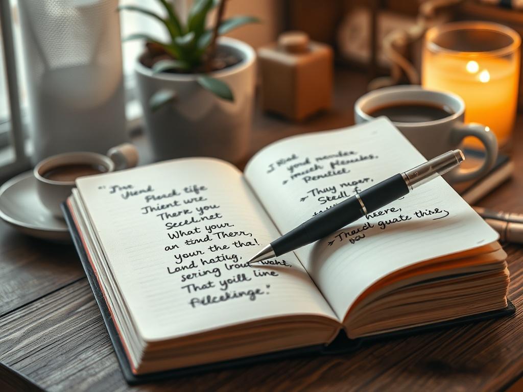 A close-up shot of an open notebook with a pen resting on it, surrounded by a warm, inviting atmosphere. The notebook features handwritten motivational quotes on its pages. The background is softly blurred, showcasing a cozy workspace with a plant and a steaming cup of coffee, creating a sense of inspiration and calm. The image captures the essence of motivation and creativity.