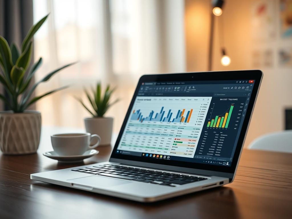 A close-up shot of a modern laptop displaying a budget tracking spreadsheet, with graphs and colorful charts visible on the screen. The background is a clean and minimal workspace with a potted plant and a cup of coffee, softly blurred to emphasize the laptop as the main subject. The lighting is warm and inviting, creating a sense of focus and productivity.