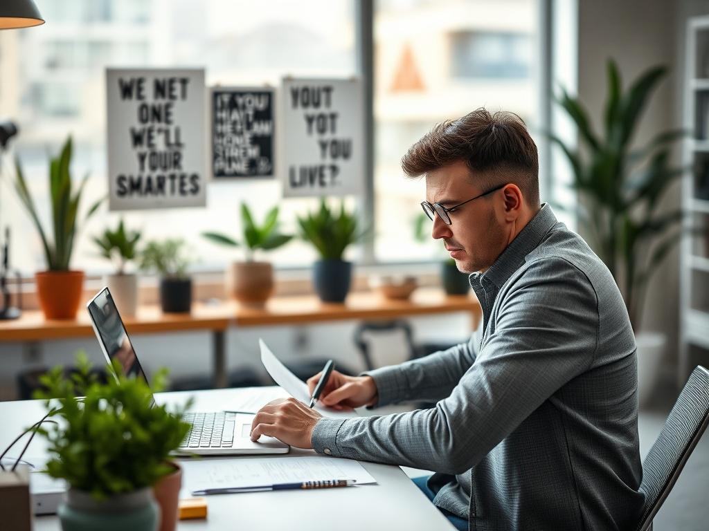 A focused close up shot of a determined entrepreneur working