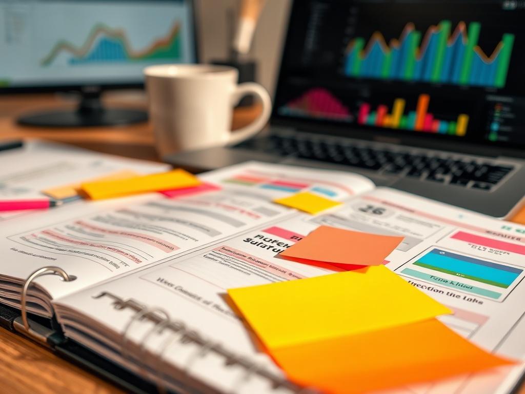 A close-up shot of a professional business planner opened on a desk, showcasing organized notes and colorful sticky notes. In the background, a blurred coffee cup and a laptop screen with graphs. The overall tone should be bright and inspiring, reflecting productivity and focus, with an emphasis on warm colors that harmonize with the RGB(193, 153, 87) primary color.