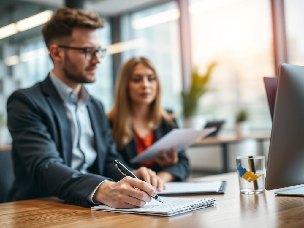 A close up shot of two professionals discussing ideas in