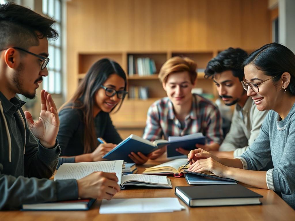 A realistic high-resolution close-up photo of a diverse group of students studying together at a table, surrounded by books and laptops. The focus should be on their engaged expressions as they discuss their study materials, conveying a sense of collaboration and determination. The background should be softly blurred to emphasize the students, with warm, inviting lighting to create a positive atmosphere.