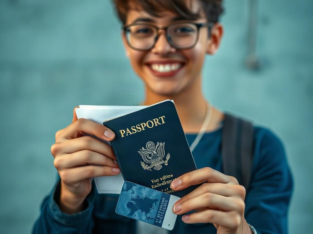 Create a hyper-realistic close-up shot of a student holding a passport and visa application documents, showcasing excitement and determination. The background should be softly blurred, highlighting the student in focus. The color palette should incorporate the primary color rgb(40, 93, 225), creating a vibrant and inviting atmosphere.