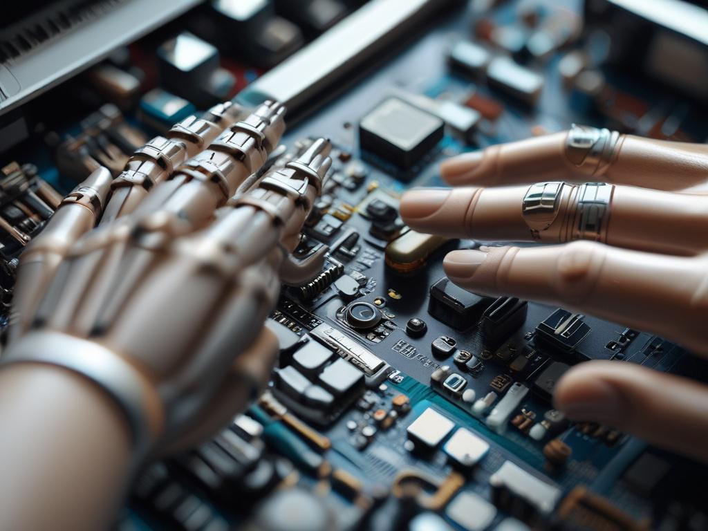 A hyper realistic close up of a robotic hand delicately