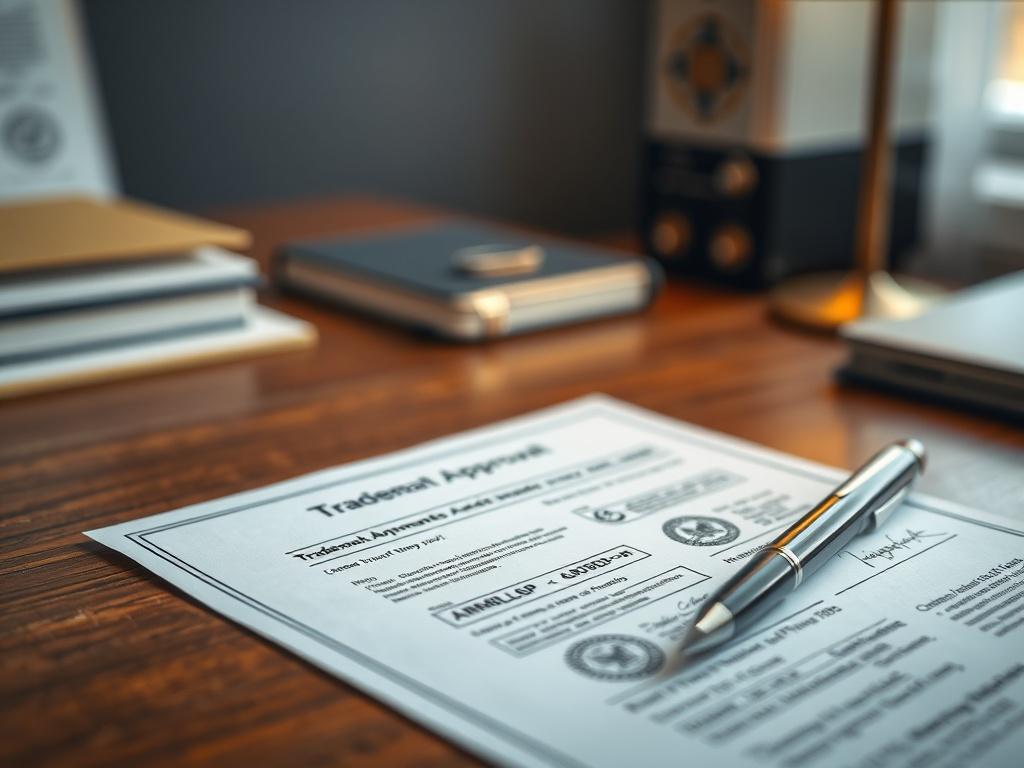 A close-up shot of a Trademark Approval letter on a wooden desk, with a sleek pen resting beside it. The letter is clearly visible, showcasing official stamps and signatures, conveying a sense of professionalism and importance. The background is softly blurred, focusing on the letter and pen, with warm lighting to enhance the inviting atmosphere.