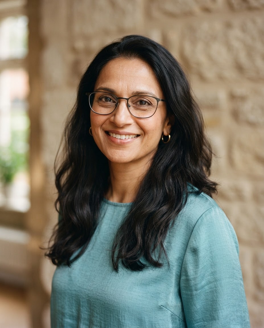 Priya Nair, accessibility specialist, smiling in a warm stone studio