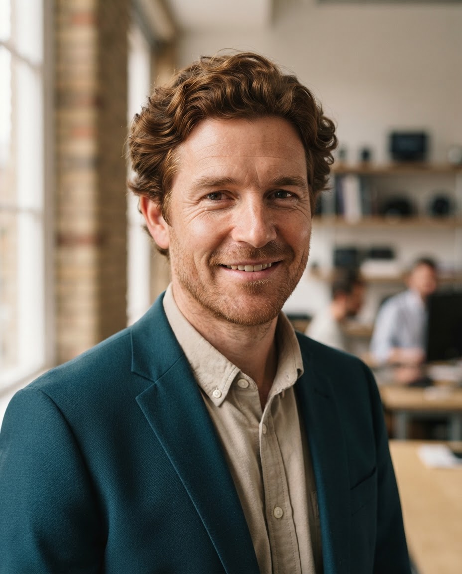 Thomas Wren, interoperability engineer, in a warm stone studio