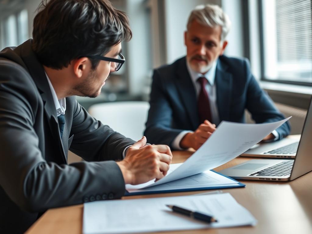 A realistic high-resolution photo of a legal consultant discussing with a client in an office setting, with documents and a laptop on the table. The composition should capture the engagement and professionalism of the discussion.