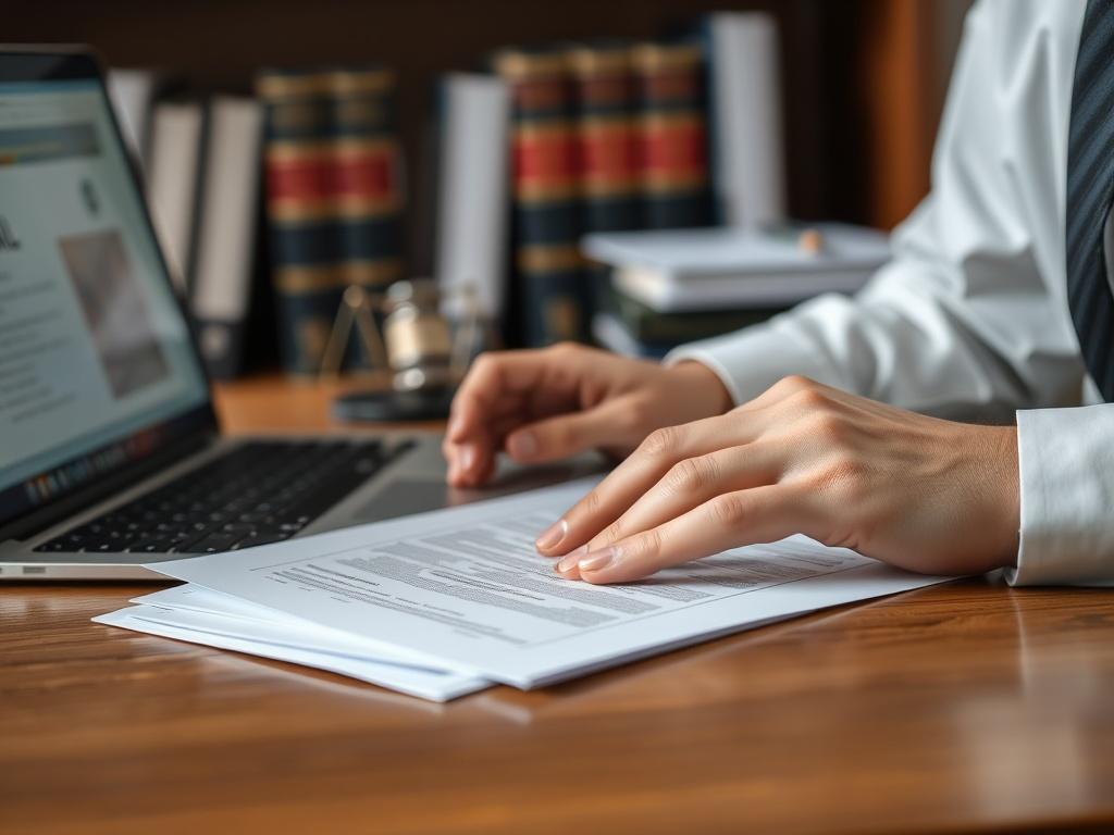 A realistic high-resolution photo of a lawyer reviewing legal documents on a desk, with a laptop open and legal books in the background. The composition should focus on the lawyer's hands and the documents, creating a professional atmosphere.