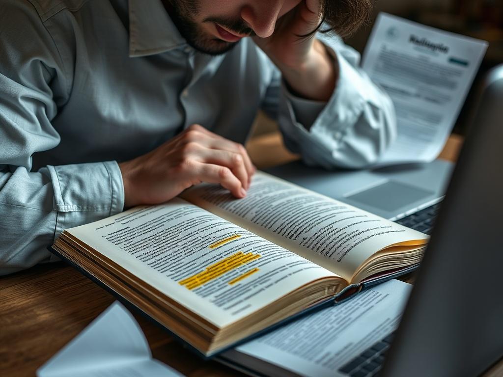 A close-up shot of a legal scholar studying a book with highlighted text, surrounded by notes and a laptop. The focus should be on the scholar's concentration and the materials, showcasing a scholarly environment.