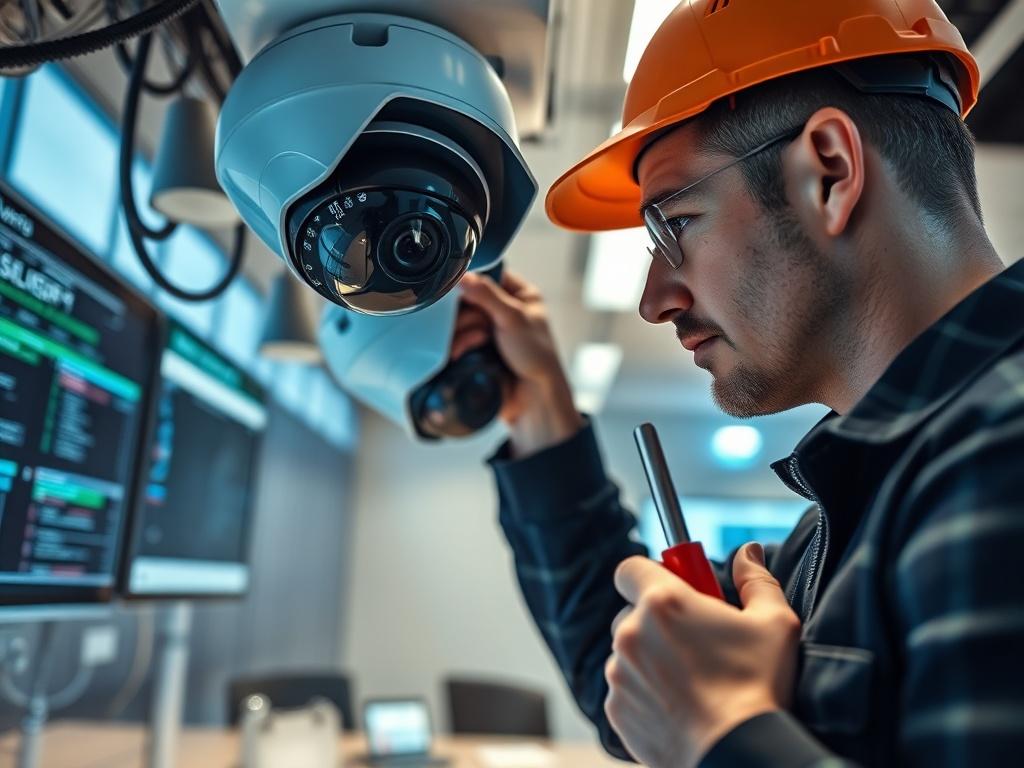 A close-up shot showing a technician upgrading a CCTV system, replacing older cameras with new ones. The technician is focused, with tools in hand. The background features a modern security control room, highlighting advanced technology and security.