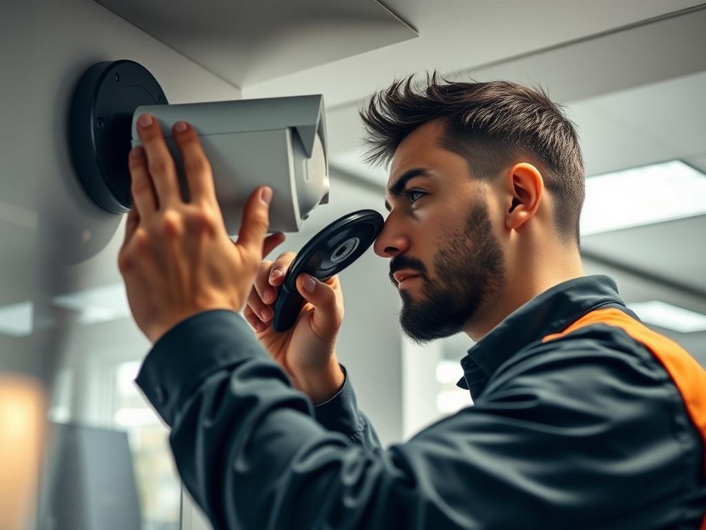 A close-up shot of a professional installing a CCTV camera on a wall. The technician is focused on the camera, using tools and equipment. The background shows a modern office environment with soft lighting, emphasizing a sense of security and professionalism.