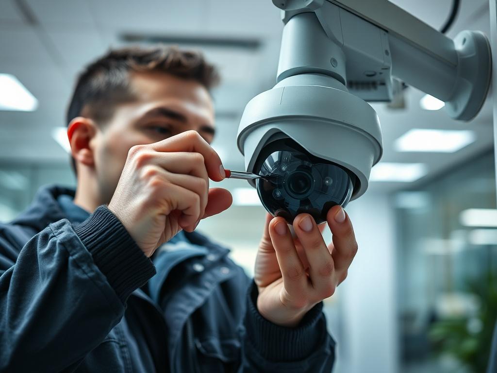 A close-up shot of a technician performing maintenance on a CCTV camera, inspecting it for any issues. The technician is using a screwdriver and cleaning tools. The background is a well-lit office setting, conveying a sense of order and safety.