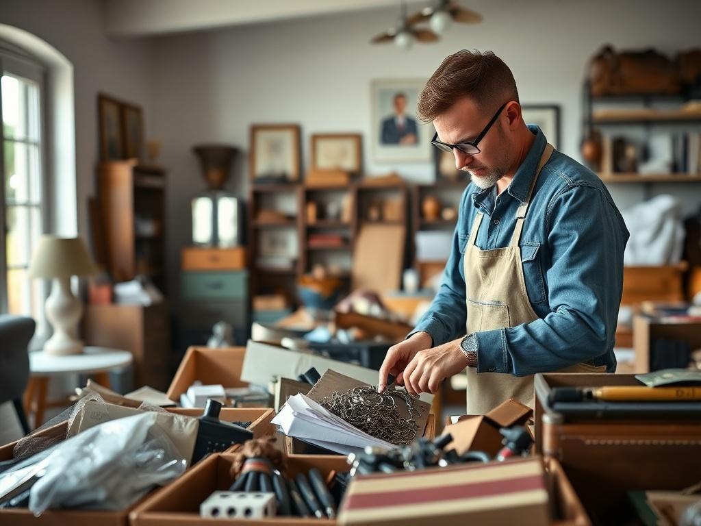 A realistic high-resolution photo of a professional team member carefully sorting through items in a spacious estate, showcasing organization and attention to detail. The background should be a well-lit room with various items neatly arranged, reflecting a sense of order and care. The image should capture the essence of estate clearing, emphasizing a hands-on approach to the task.