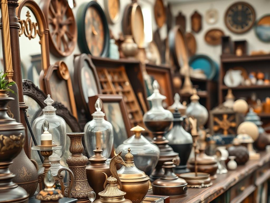 A close-up shot of a beautifully arranged estate sale display, featuring a variety of antiques and collectibles. The background is softly blurred to highlight the items, with natural light illuminating the scene to create an inviting atmosphere.