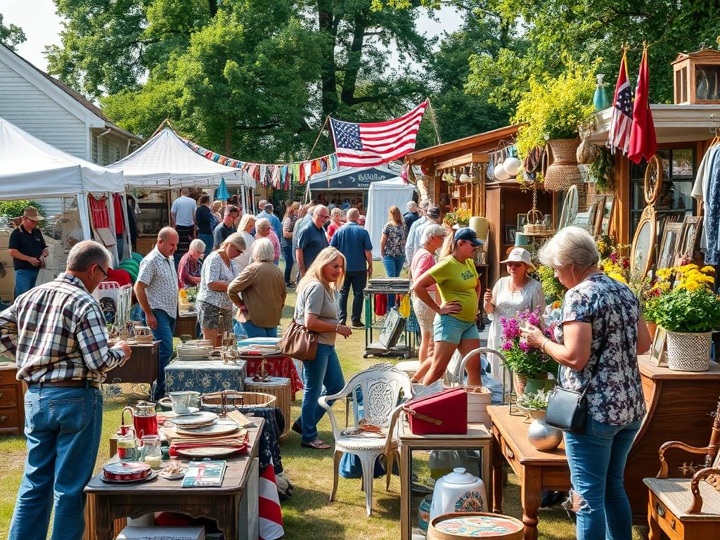 A vibrant estate sale in progress, showing a mix of buyers engaging with items. The scene captures the excitement of the event, with various goods on display and people interacting, all set in a charming outdoor location.