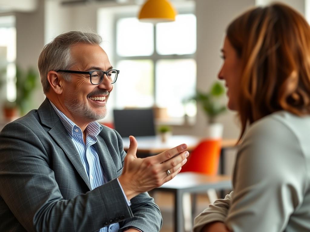 A close-up shot of a friendly consultant engaging with a client, with a warm and inviting office background, bright colors, and natural light.