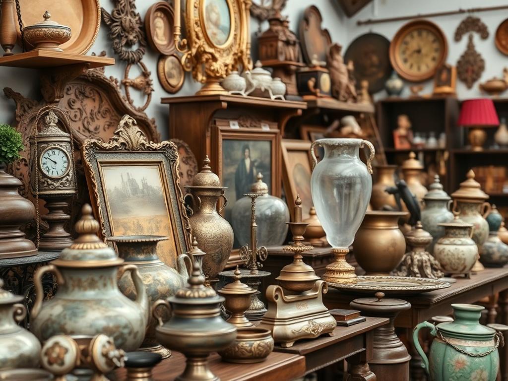 A close-up shot of beautifully arranged items for an estate sale, showcasing diverse antiques and collectibles in a well-lit setting.