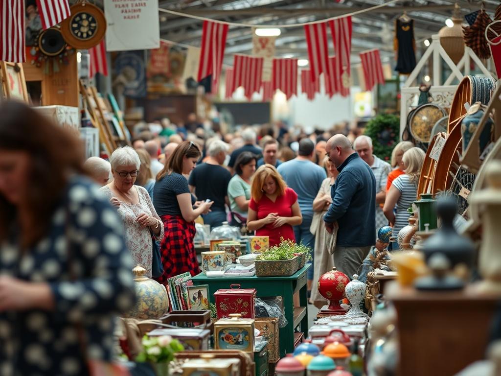 A close-up shot of a bustling estate sale with people browsing items, showcasing vibrant interactions and a lively atmosphere.