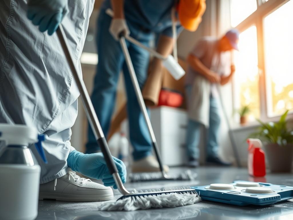 A hyper-realistic close-up shot of a cleaning crew meticulously cleaning a recently vacated property. The focus should be on cleaning tools and supplies, with a glimmer of cleanliness in the background, showcasing the transformation of the space.