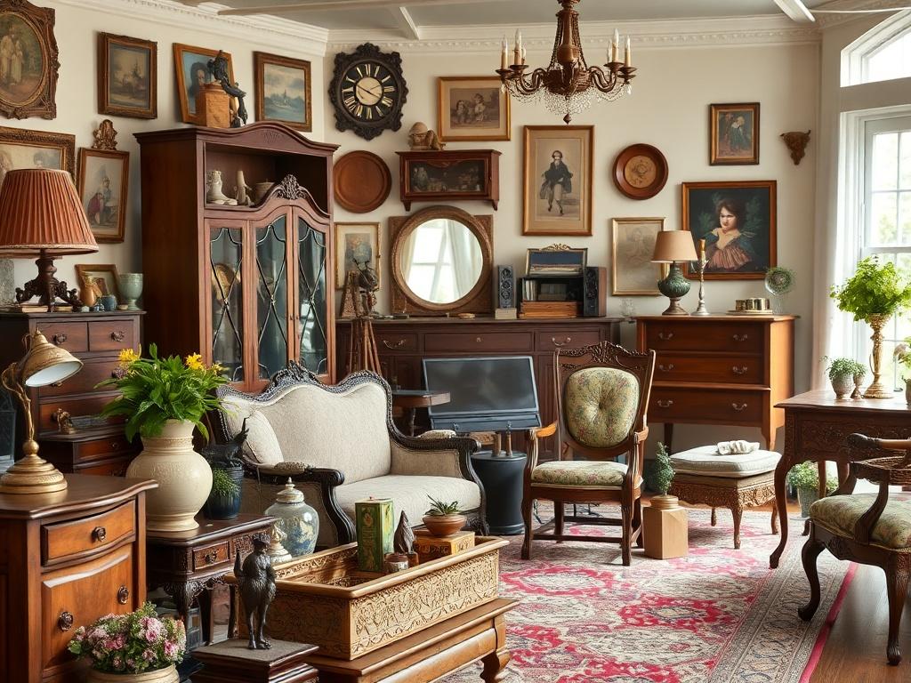 A hyper-realistic close-up shot of an organized estate sale setup, showcasing neatly arranged items like antiques, furniture, and collectibles. The background should be a well-decorated room that reflects a welcoming atmosphere, with soft natural light illuminating the items, emphasizing their value and appeal.
