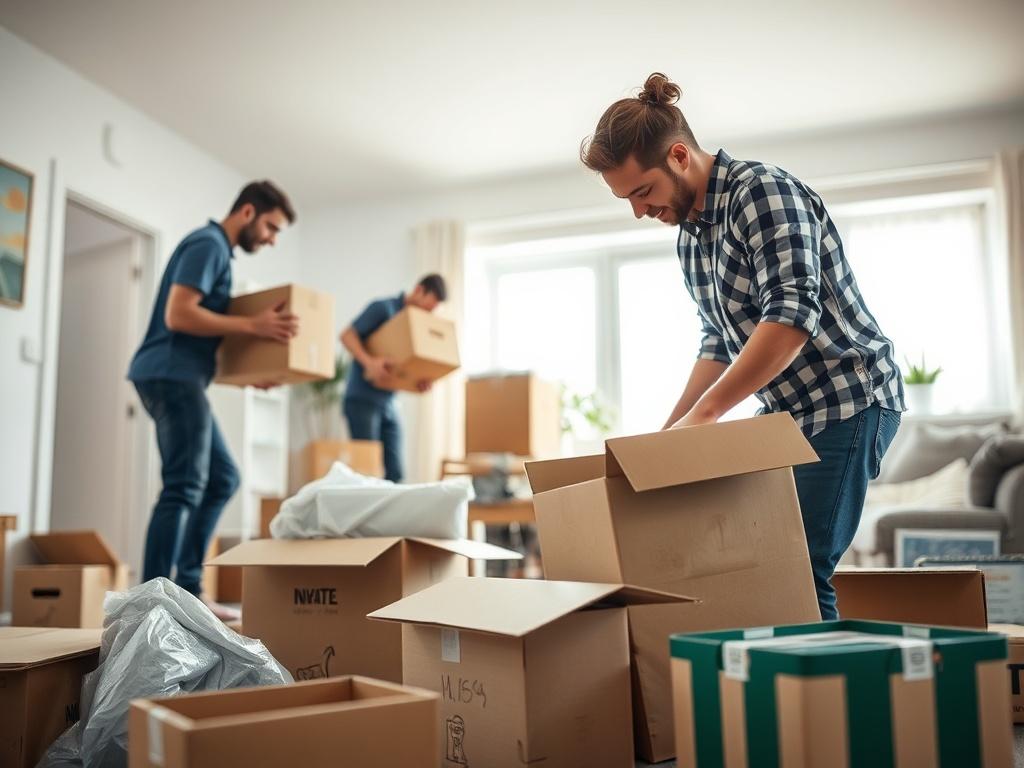 A hyper-realistic close-up shot of a professional moving team clearing out a space, showcasing items being packed into boxes. The setting should depict a bright, open room with moving supplies scattered around, emphasizing the organized chaos of a move.