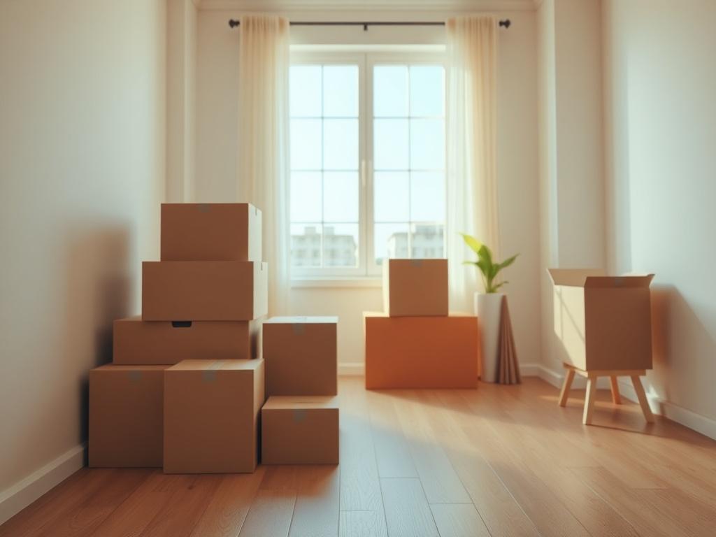 A realistic high-resolution photo showcasing a clean and organized living space. The focus should be on a single, spacious room with boxes neatly stacked in one corner, indicating the process of moving in or out. The background should be bright and inviting, featuring warm sunlight streaming through a large window, highlighting the cleanliness and readiness of the space. The color palette should complement the primary color rgb(50, 170, 39), emphasizing a fresh, welcoming atmosphere.