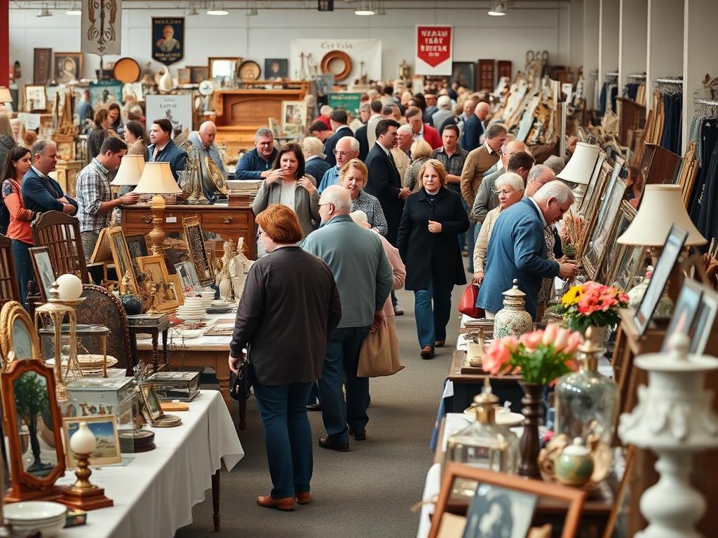 An engaging estate sale event in progress, with people actively browsing and participating in bidding. Display tables filled with diverse items, such as vintage decor, furniture, and collectibles. The scene should capture the excitement of buyers and the professionalism of the event, showcasing a welcoming environment with clear signage.