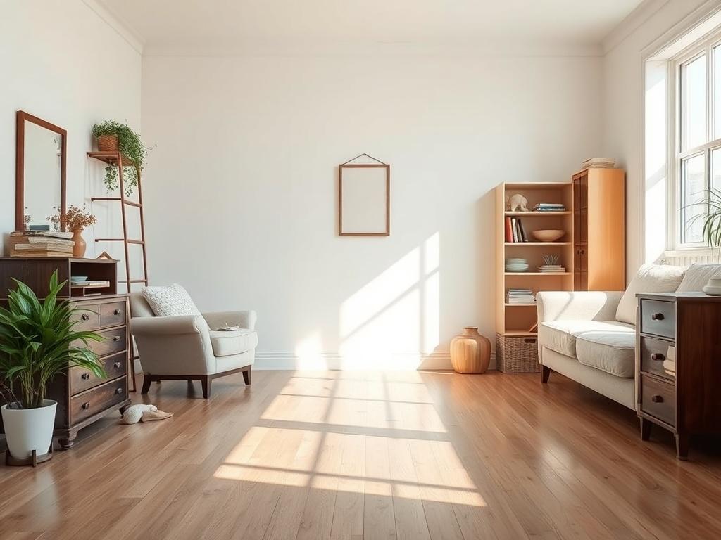 A clean, empty room post estate sale, showcasing the transformation after a thorough clean-out. The space should look bright and inviting, with a hint of the previous estate sale items still visible, emphasizing the effectiveness of the clean-out. The background should be simple and highlight the cleanliness and organization of the space.