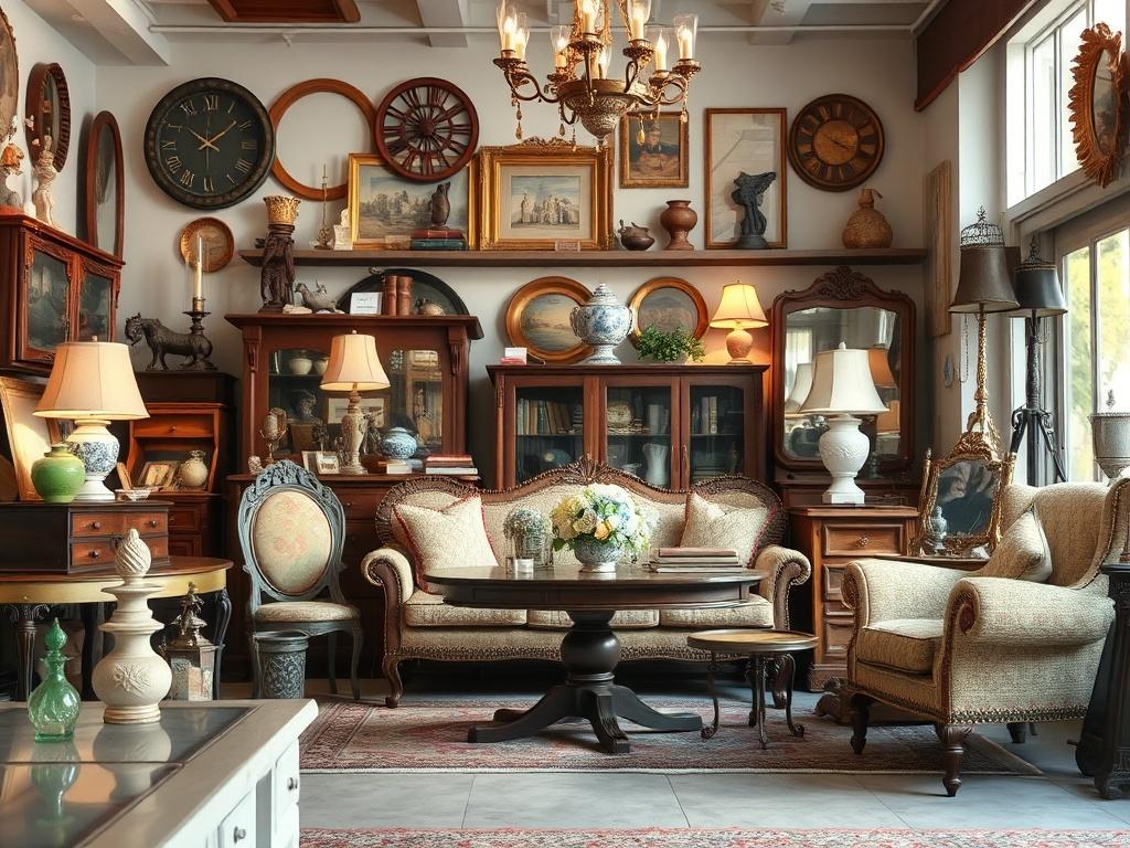A professional estate sale setup featuring neatly organized items for sale, including antiques, furniture, and collectibles. The scene should be bright and inviting, showcasing a well-decorated space with clear labels on items. The background should be simple and uncluttered, emphasizing the quality and uniqueness of the items on display.