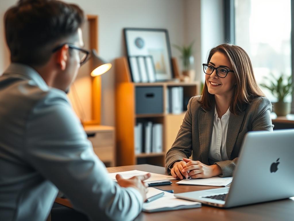 A close-up shot of a professional consultant engaged in a discussion with a client in a cozy office setting, featuring a warm atmosphere with soft lighting and a desk filled with documents and a laptop.