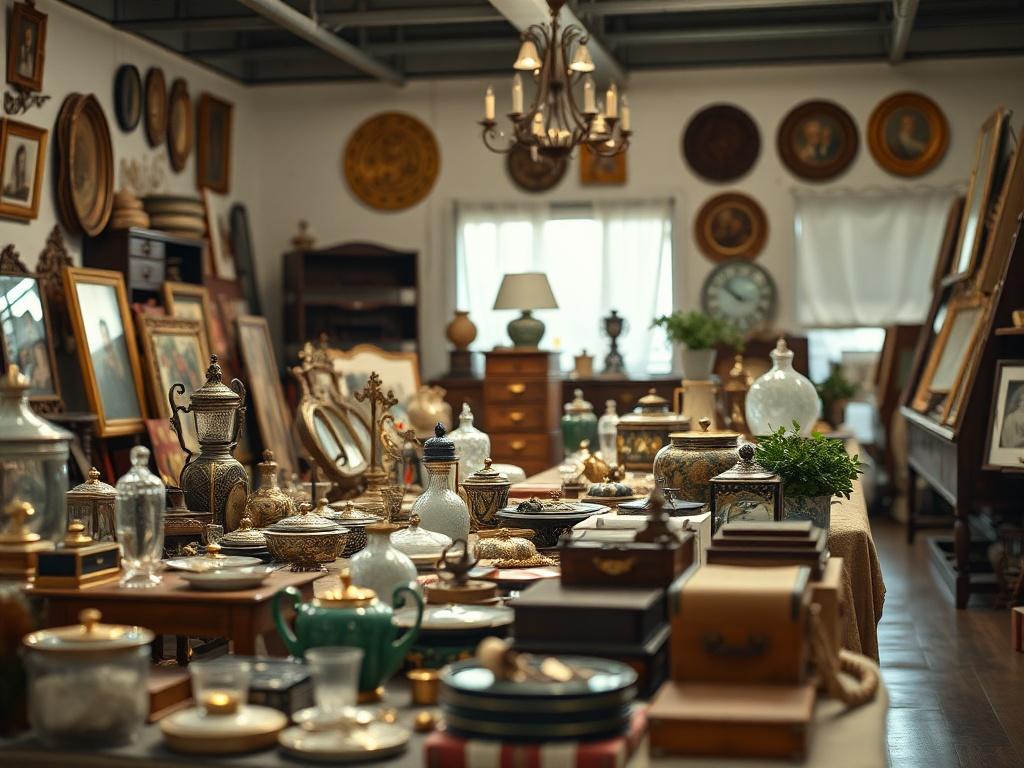 A close-up shot of an organized estate sale table filled with valuable items, surrounded by a well-lit space, showcasing an inviting atmosphere for potential buyers.