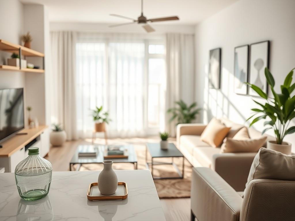A close-up shot of a well-organized and staged living room, showcasing clean surfaces and tasteful decor. The composition should focus on a beautifully arranged space with natural light streaming in, emphasizing the inviting atmosphere. The background should be soft and blurred to keep the attention on the details of the room, shot with a 45mm f/1.2 lens style.