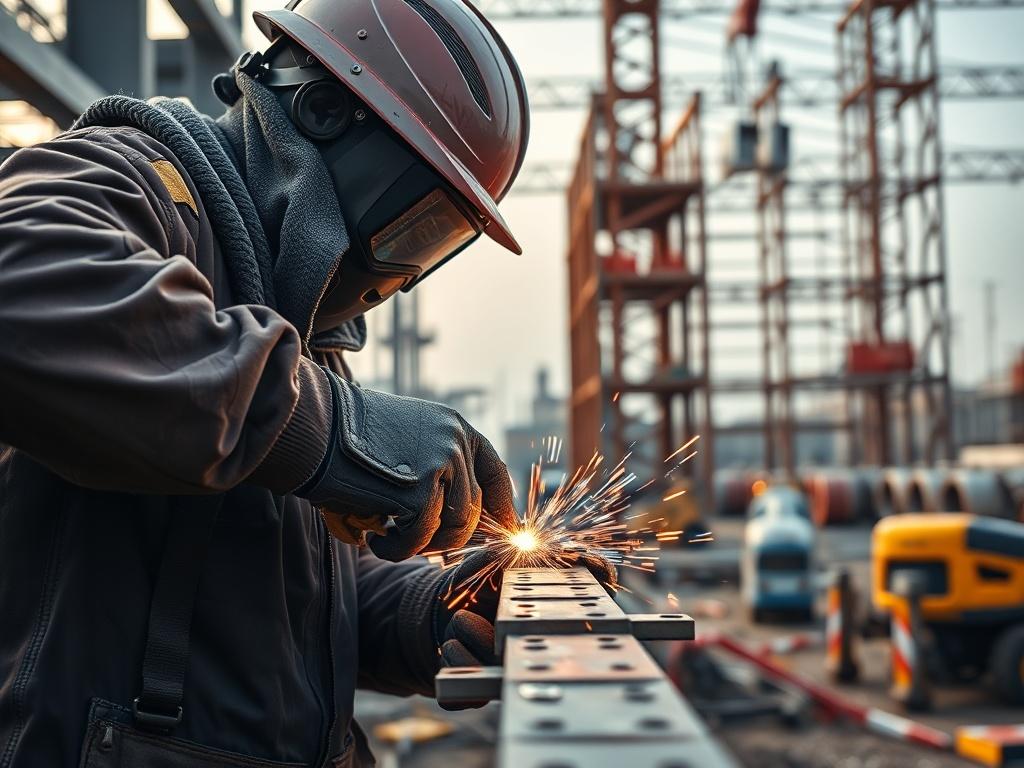 A dynamic shot of a construction worker welding steel beams