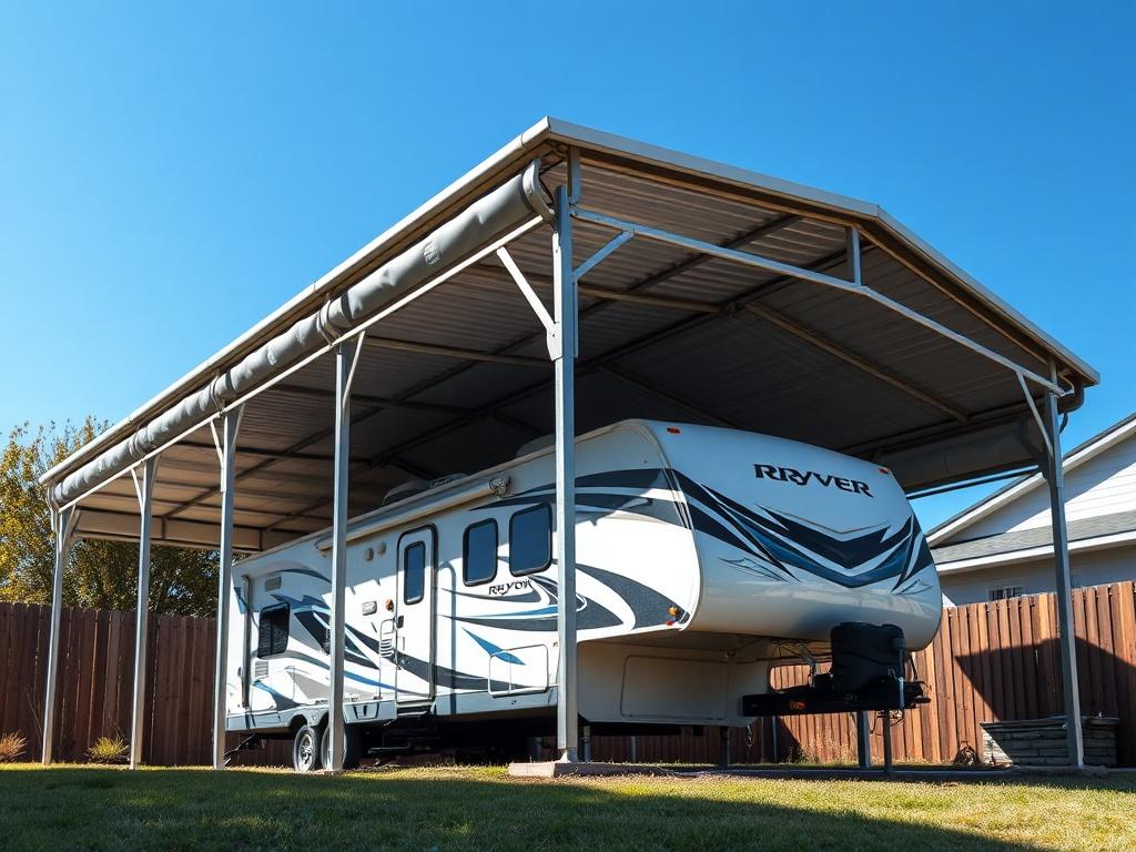 A sturdy RV cover designed for durability, featuring a metal