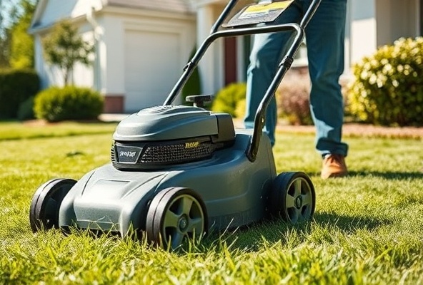 Professional lawn mowing service in action