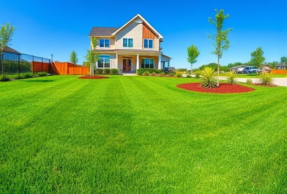 Freshly cut residential lawn with manicured landscaping