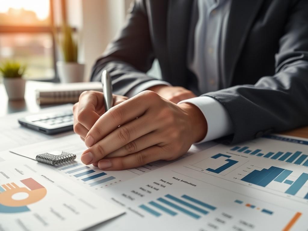 A close-up shot of a business professional reviewing financial documents in a modern, bright office setting. The focus is on the professional's hands holding a pen, with various financial charts and documents spread out on the desk. The background shows a well-organized office space with natural light streaming in through a window, creating a positive and productive atmosphere.
