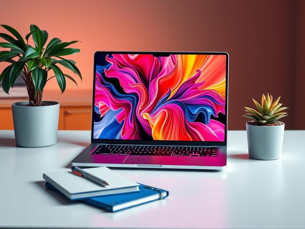 A photorealistic image of a modern workspace featuring a sleek