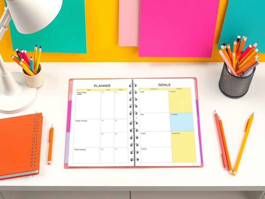 A beautifully designed printable planner displayed on a clean desk
