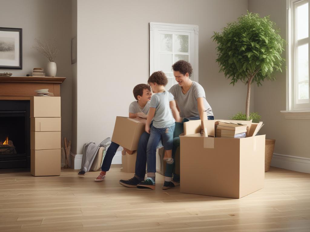 residential removals, moving boxes, happy family, new home