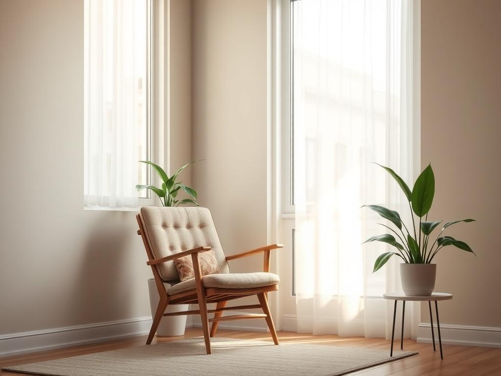 A serene scene depicting a tranquil therapist's office, with soft lighting and calming colors. A comfortable chair faces a window, allowing gentle natural light to illuminate the space. A potted plant adds a touch of greenery, symbolizing growth and healing. The background features muted tones, enhancing the peaceful atmosphere, inviting clients to relax and engage in a transformative experience.