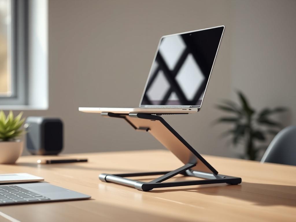 A close up shot of an ergonomic laptop stand on