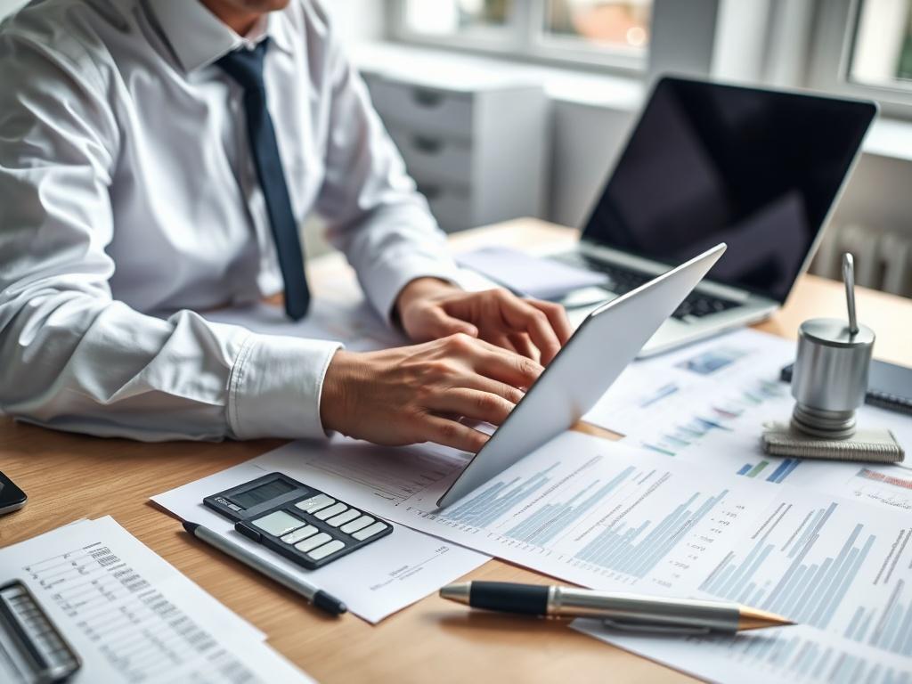 A hyper realistic image of a business tax consultant working