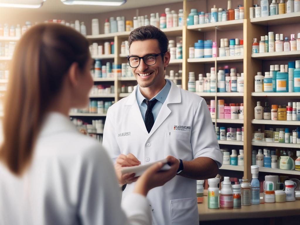 A hyper realistic close up shot of a pharmacist assisting