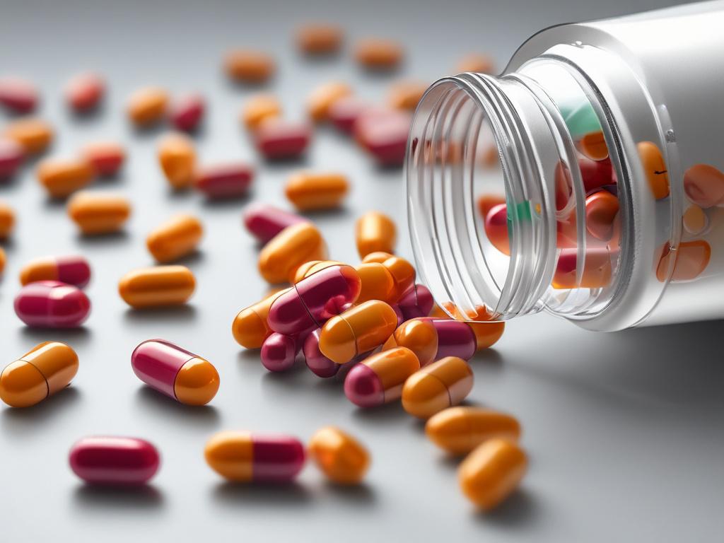 A close up shot of a bottle of multivitamin capsules