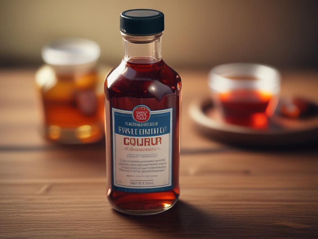 A close up shot of a bottle of cough syrup